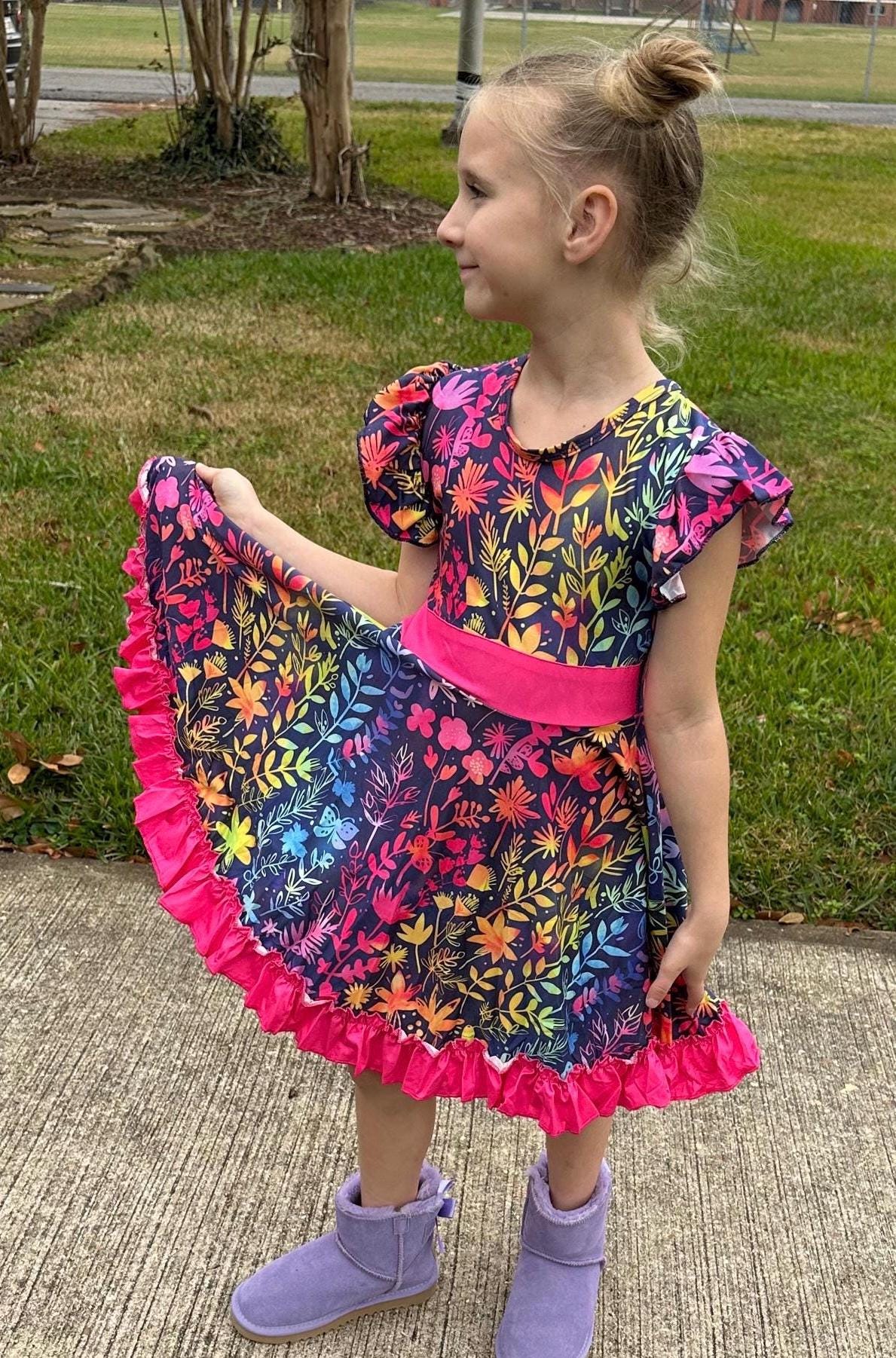 Rainbow Floral Bow Back Twirl Dress