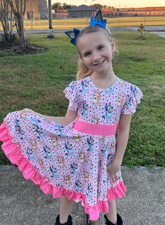 Pink Blue Dog and Hearts Twirl dress with shorts