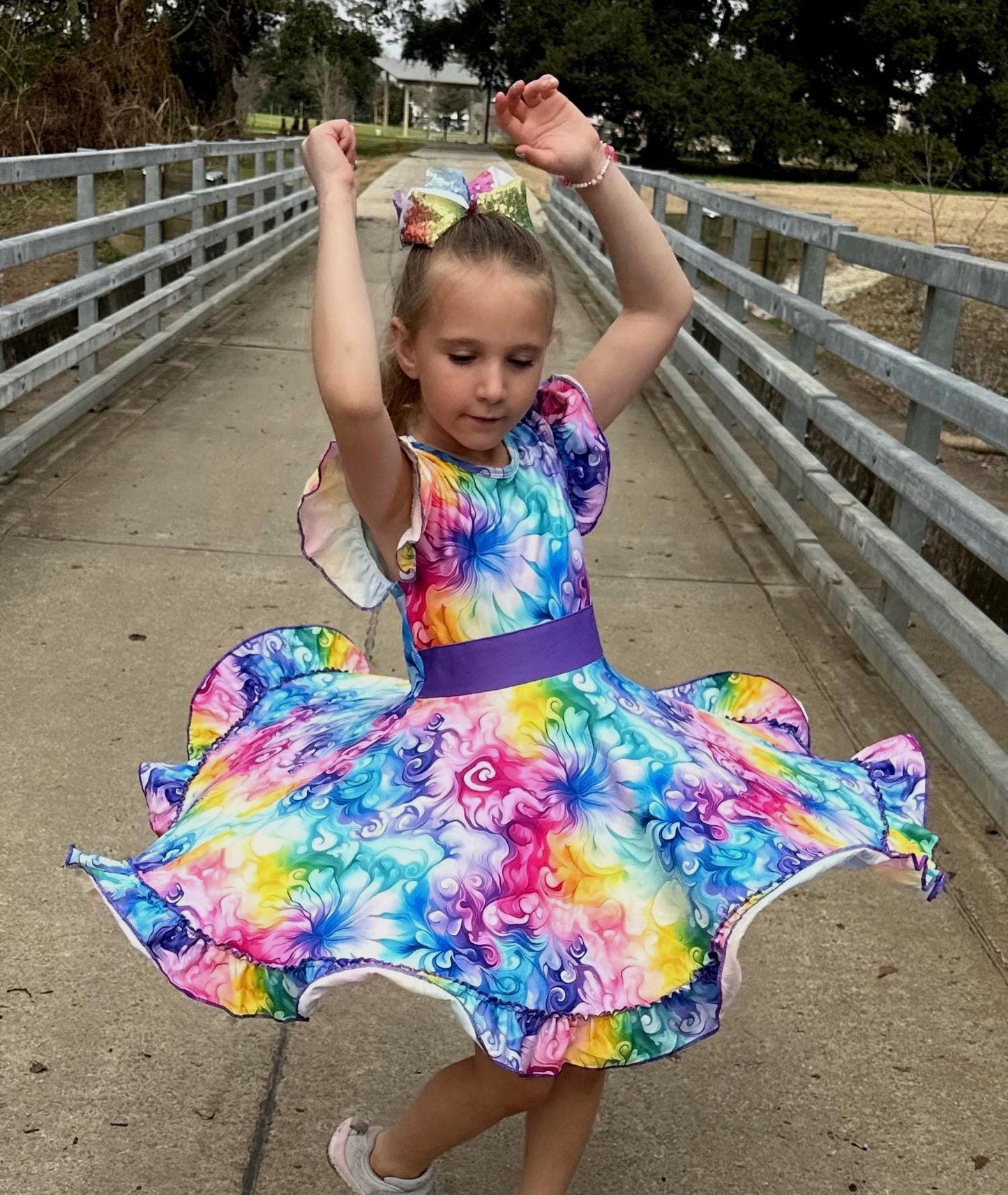 Rainbow Watercolor Swirls Bow Back Twirl Dress