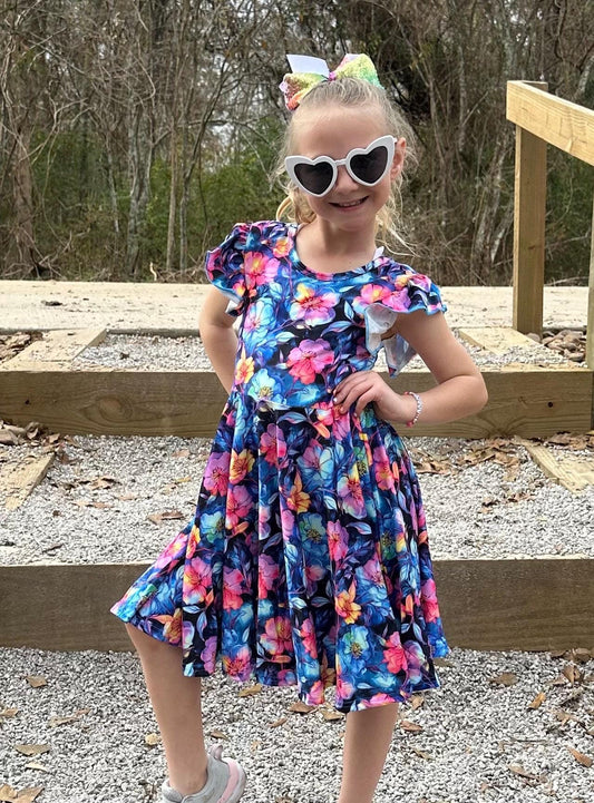 Electric Blue Floral Crossback Twirl Dress