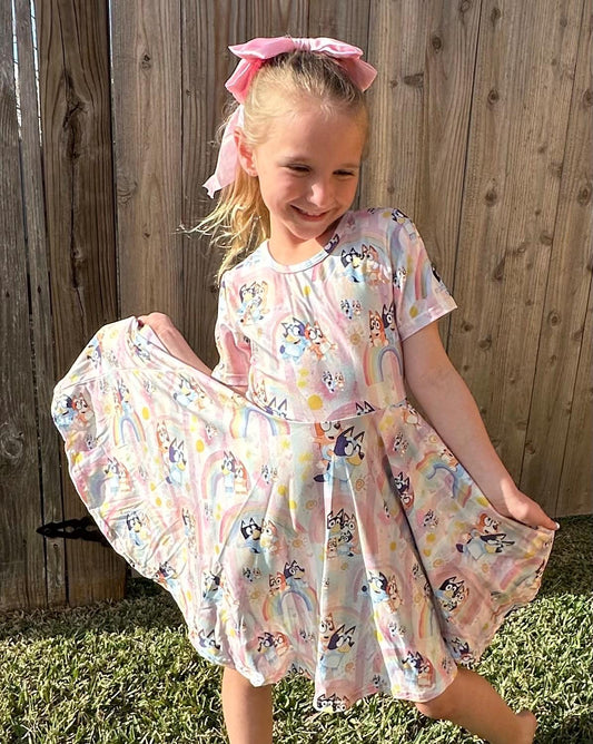 Blue Dog and rainbows  T shirt Twirl Dress