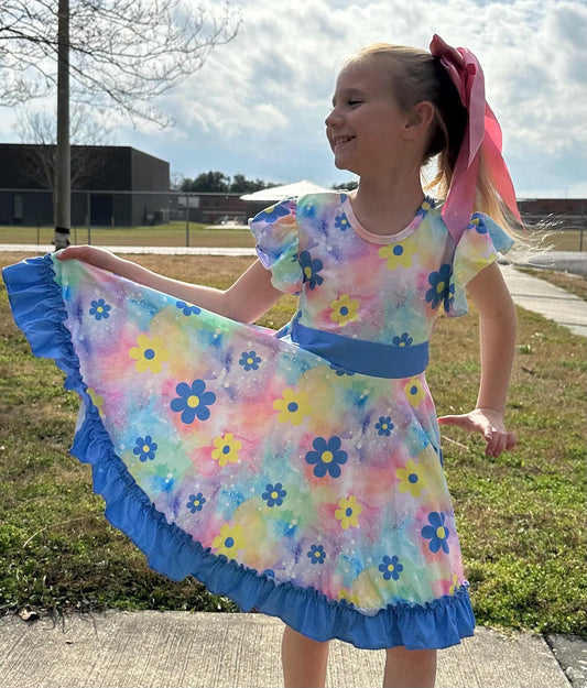 Rainbow Pastel Flower Bow Back Twirl Fress with Shorts