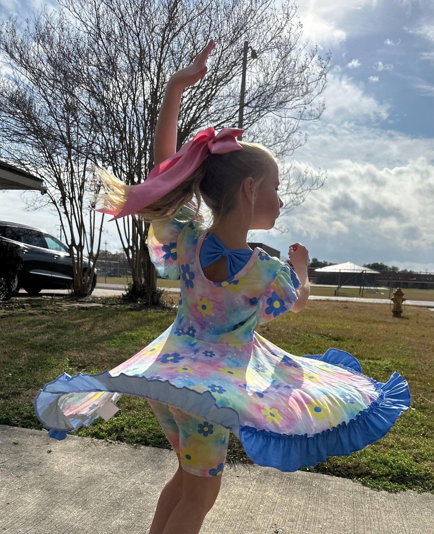 Rainbow Pastel Flower Bow Back Twirl Fress with Shorts