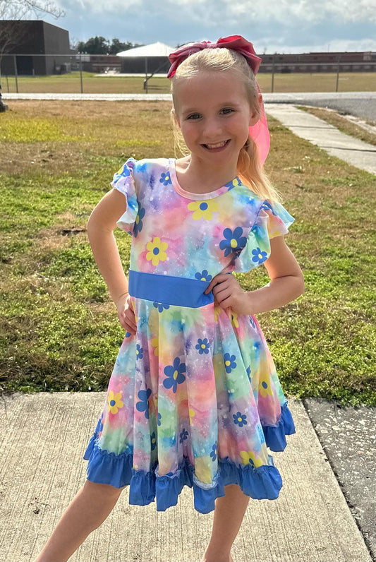 Rainbow Pastel Flower Bow Back Twirl Fress with Shorts