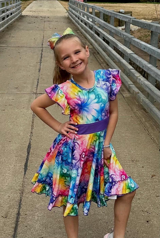 Rainbow Watercolor Swirls Bow Back Twirl Dress