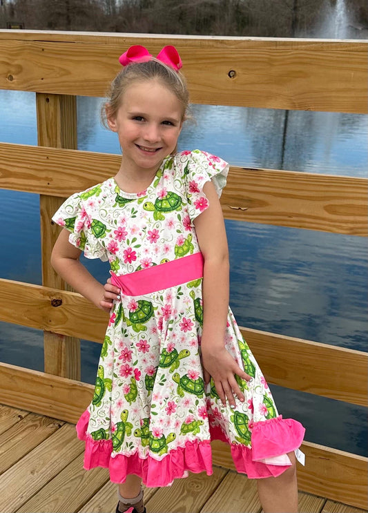 Floral Turtles Bow Back Twirl Dress