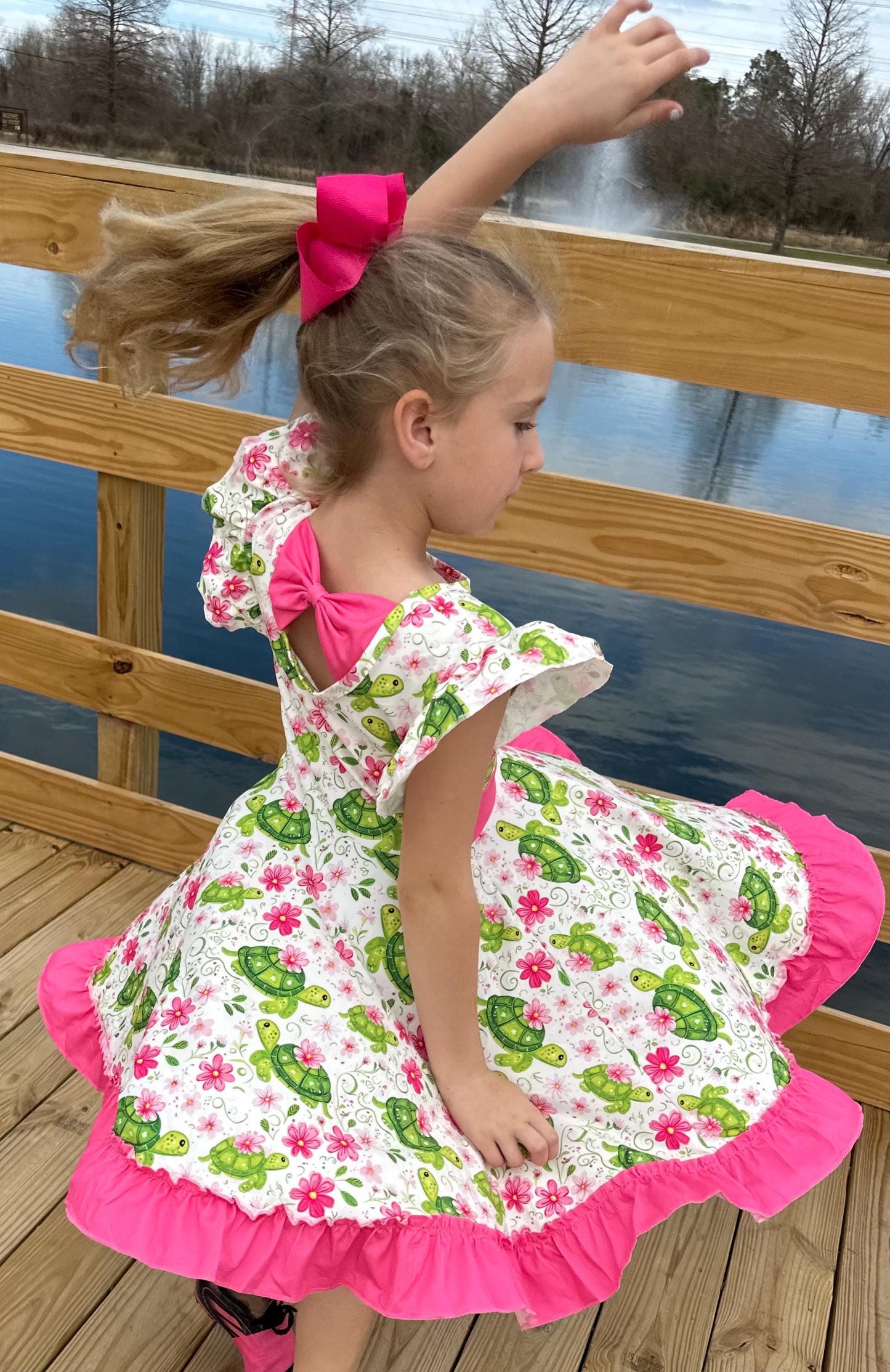Floral Turtles Bow Back Twirl Dress