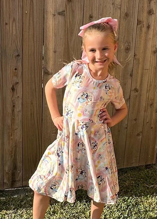 Blue Dog and rainbows  T shirt Twirl Dress