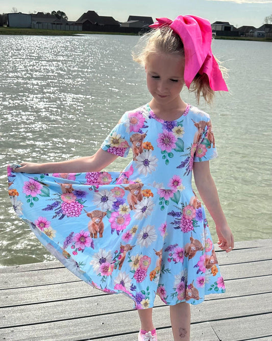 Highland Cows and Flowers Twirl dress