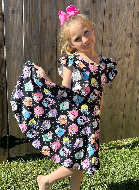 Neon Squish and Flowers Crossback  Twirl Dress