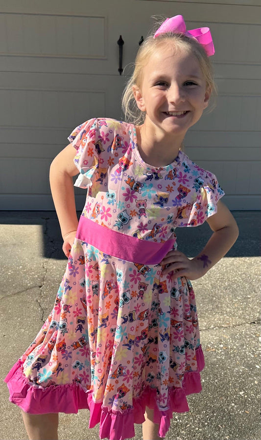 Super Hero Cats and Daisies Bow Back Twirl Dress with shorts
