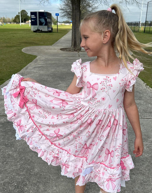 Pink Bows and Flowers Ruffle and Lace Dress