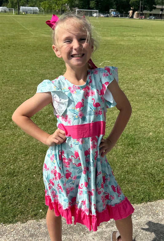 Flamingo Bow Back Twirl Dress