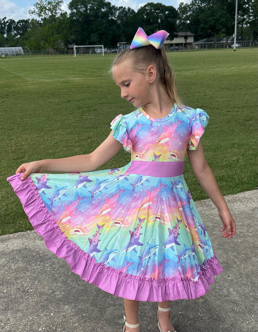 Rainbow  Sharks Bow Back Twirl Dress