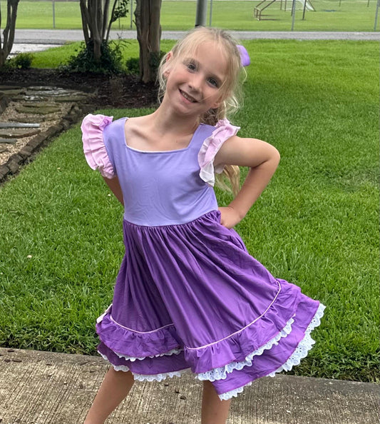 Long Haired Princess Inspired Lace and Ruffle Twirl Dress