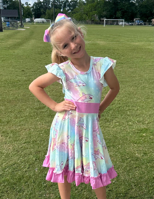 Pastel Sharks Bow Back Twirl Dress