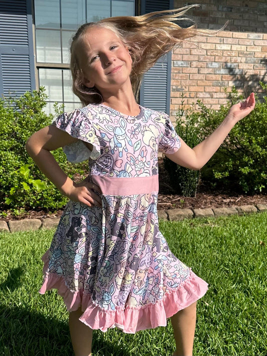 Pink Pocket Characters Bow Back Twirl Dress