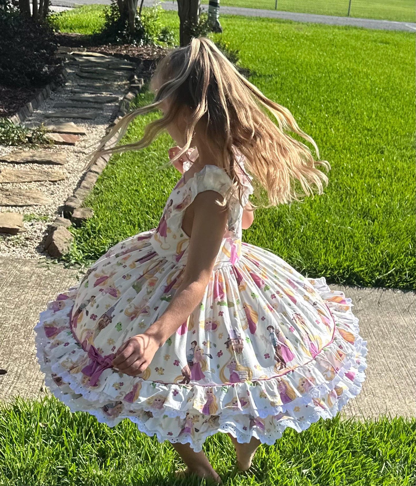 Long Haired Princess Lace and Ruffle Twirl Dress