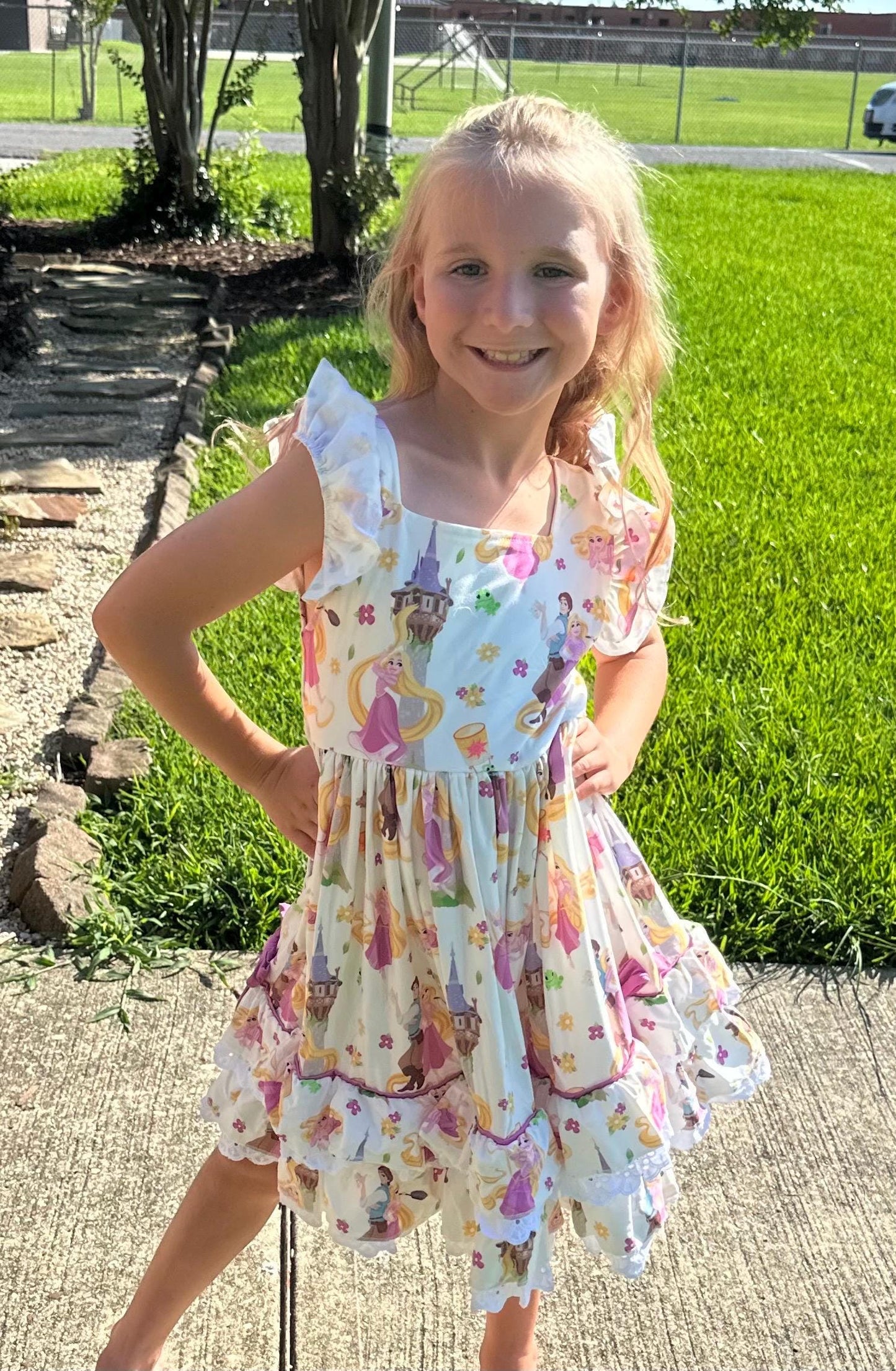 Long Haired Princess Lace and Ruffle Twirl Dress