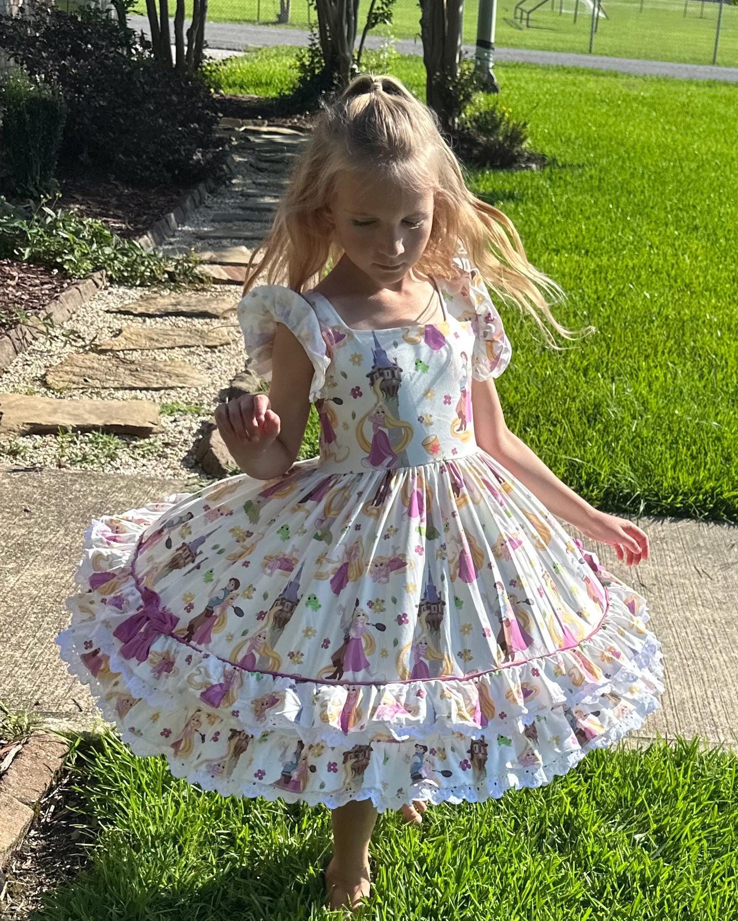 Long Haired Princess Lace and Ruffle Twirl Dress