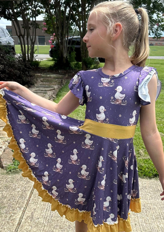 Ducks in Boots Bow Back Twirl Dress
