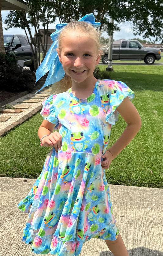 Frog Bow Back Twirl Dress with shorts