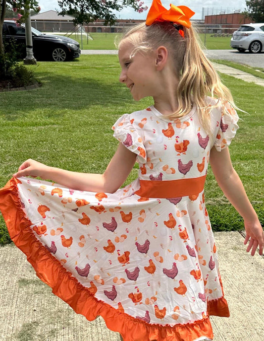 Laying Hens Bow Back Twirl Dress