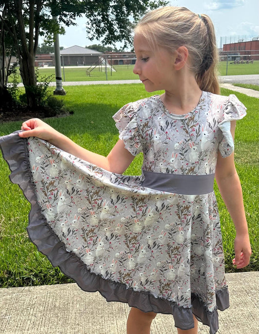 Bunnies and Flowers Bow Back Twirl Dress