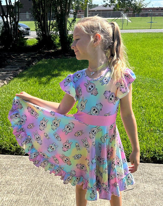 Rainbow Labubu Bow Back Twirl Dress