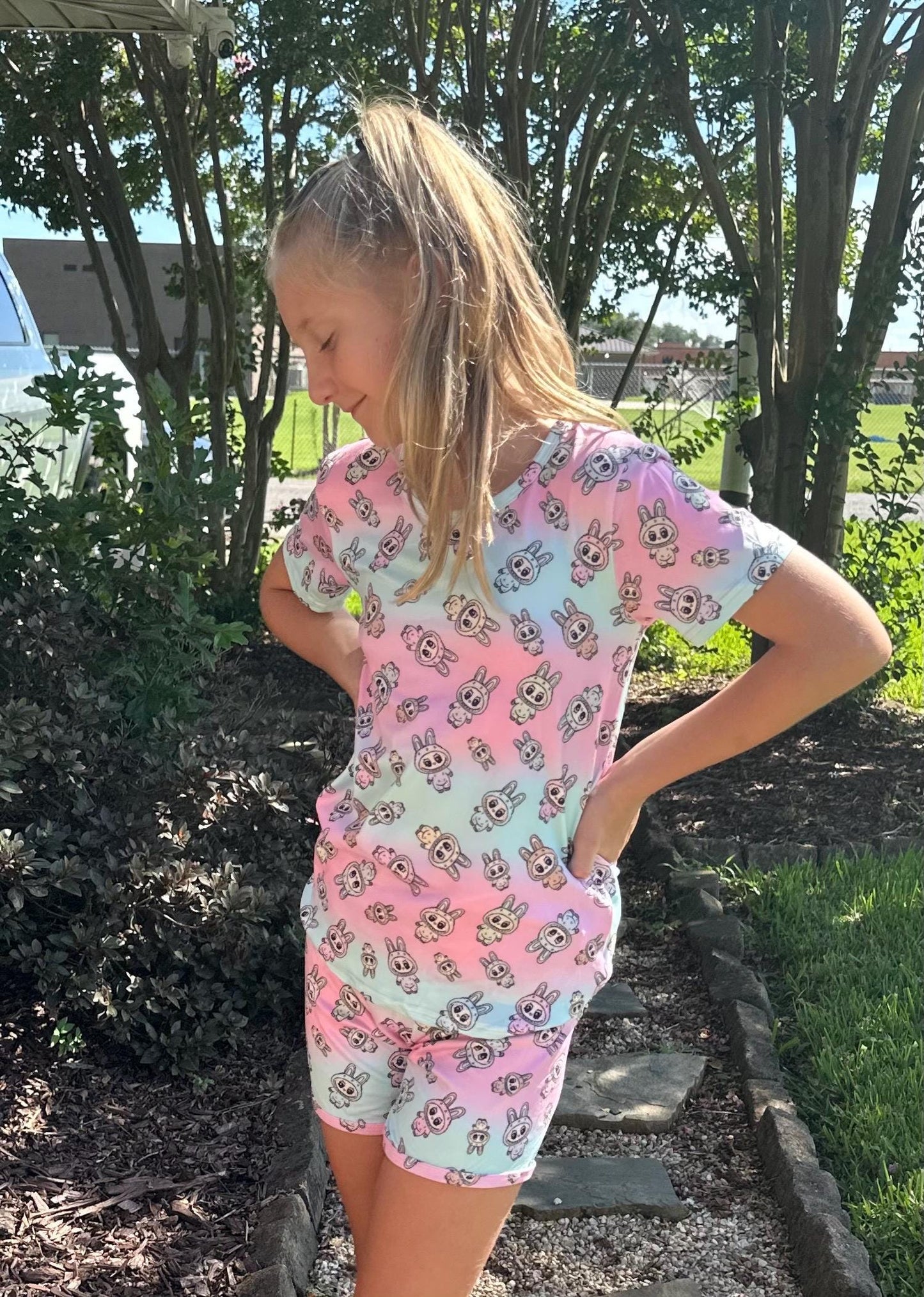 Pink and Blue Labubu Short Set