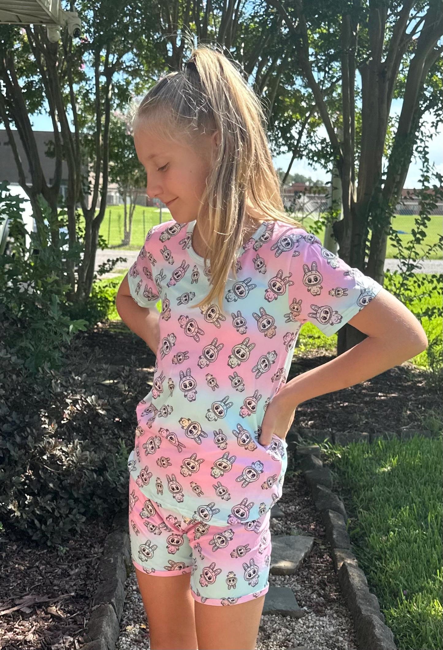 Pink and Blue Labubu Short Set