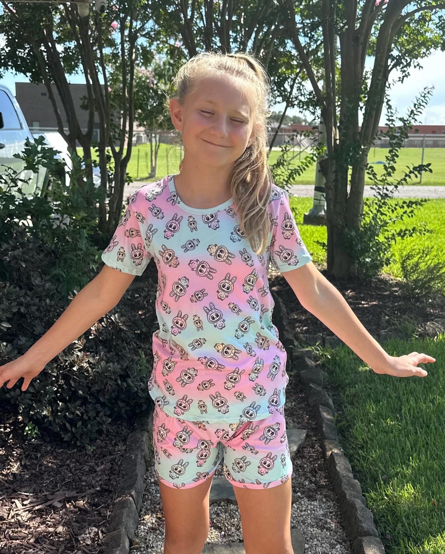 Pink and Blue Labubu Short Set