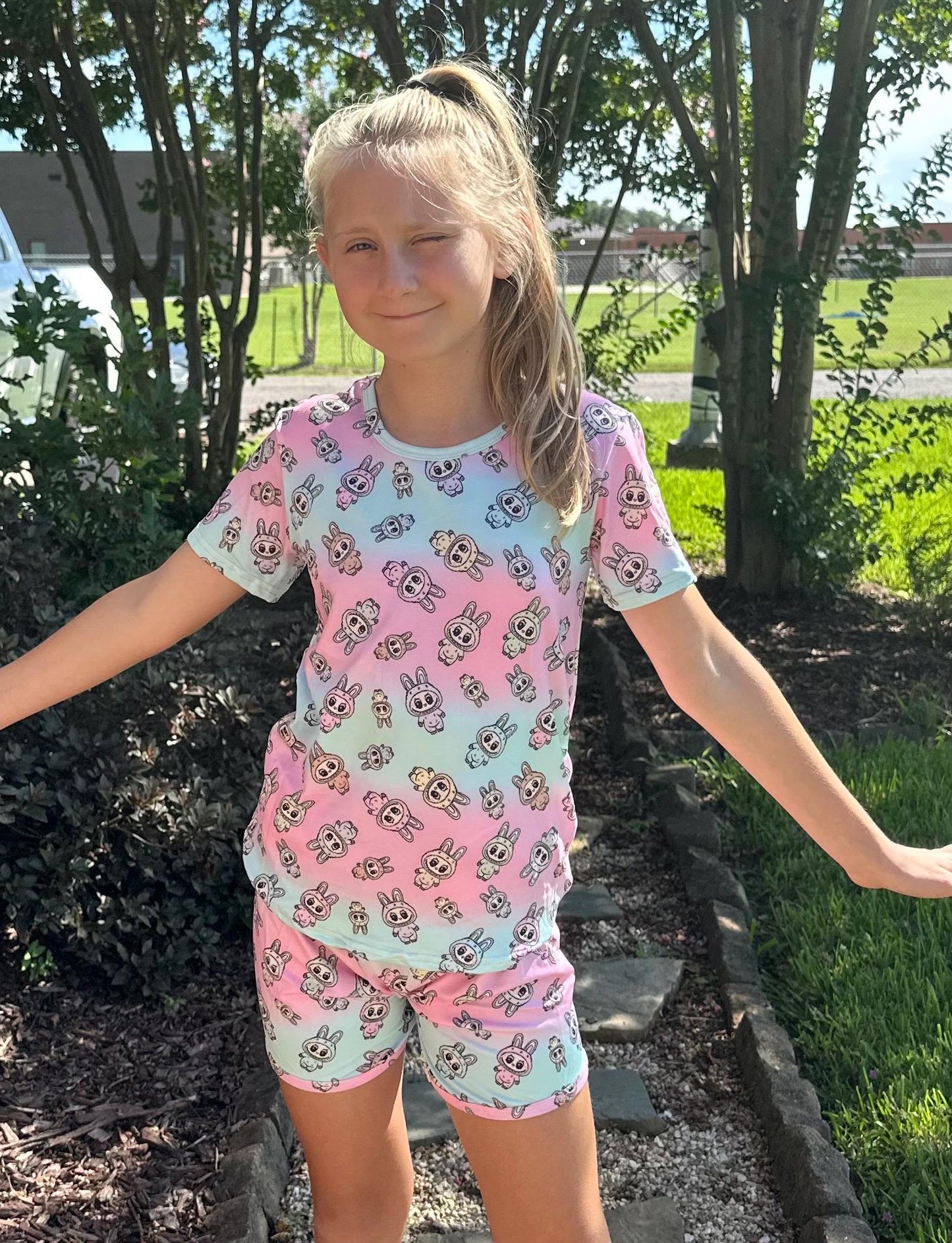 Pink and Blue Labubu Short Set