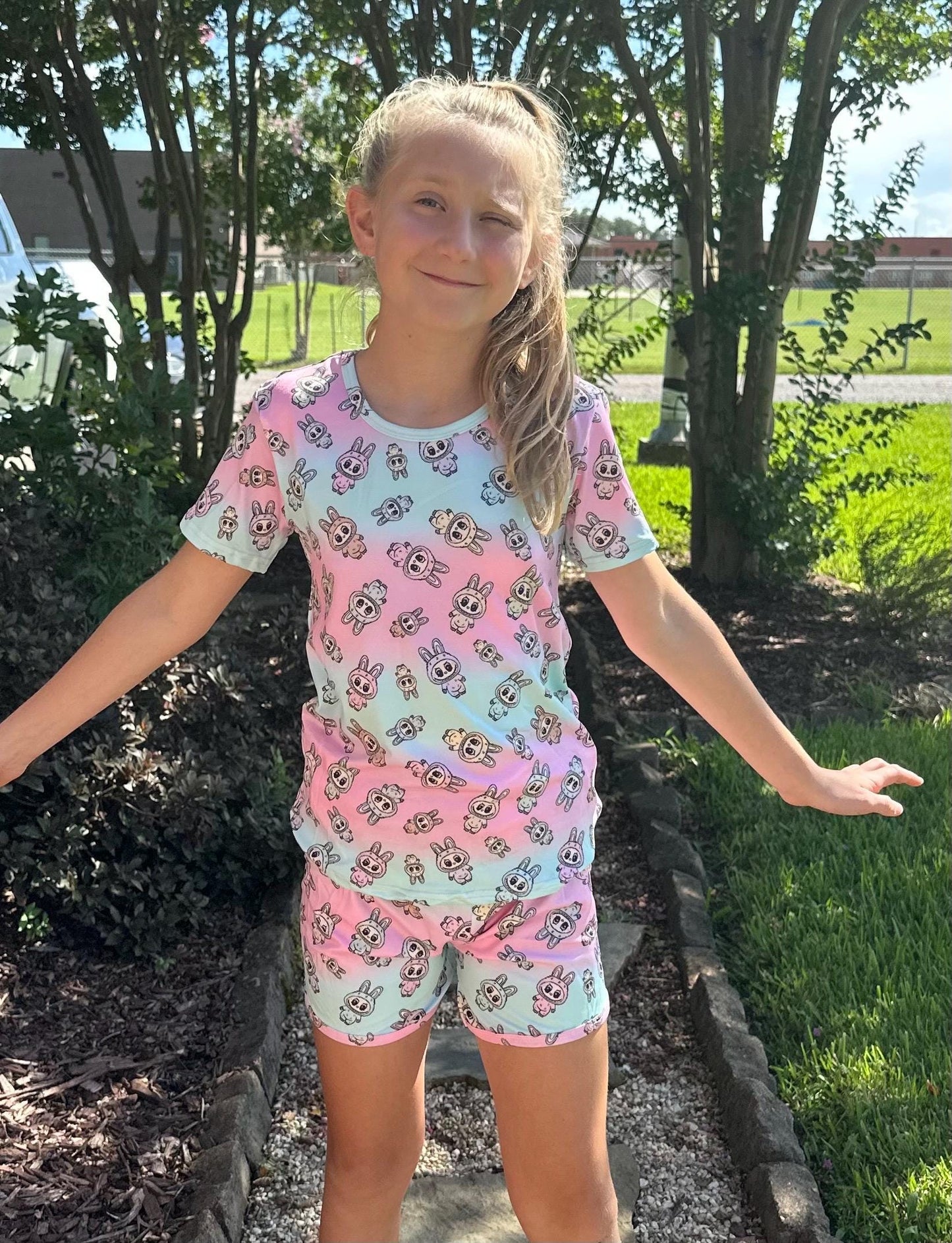 Pink and Blue Labubu Short Set