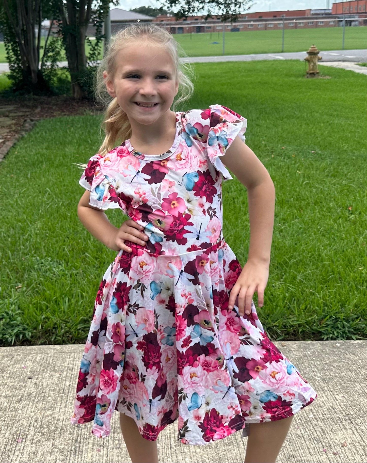 Floral Dragonfly and Butterfly Bow Back Twirl Dress
