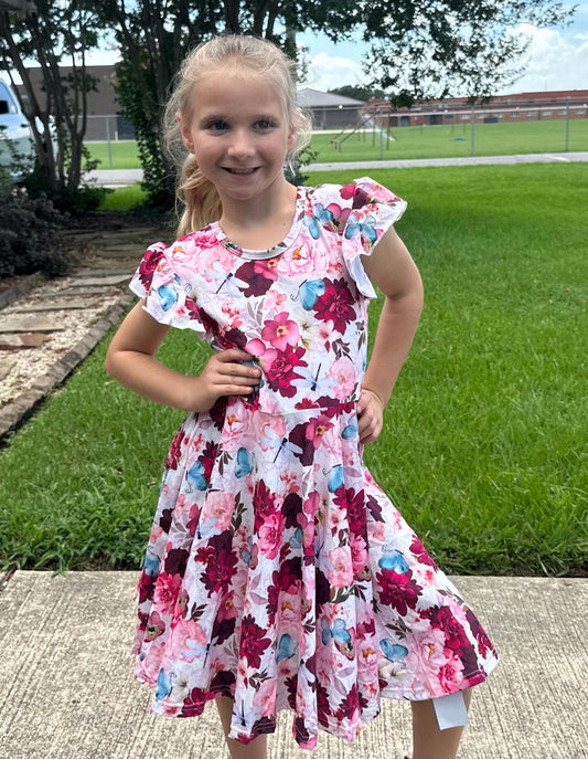 Floral Dragonfly and Butterfly Bow Back Twirl Dress