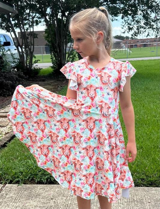 Highland Cows and Flowers Twirl Dress