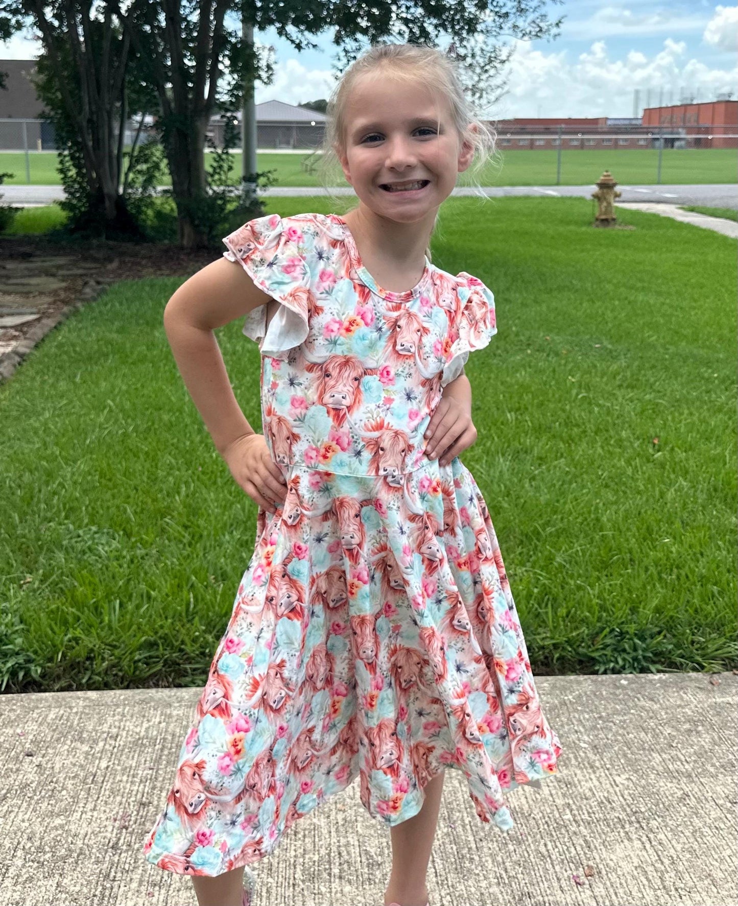 Highland Cows and Flowers Twirl Dress